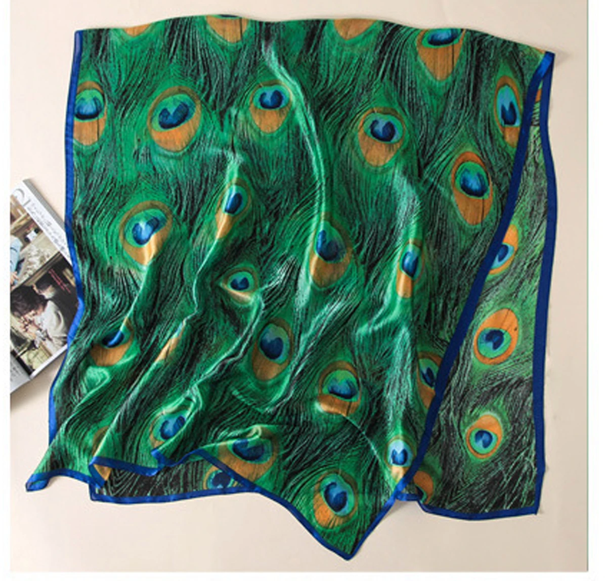 

90*180cm women scarves green peacock feathers soft silk scarf spirng summer fashion shawls