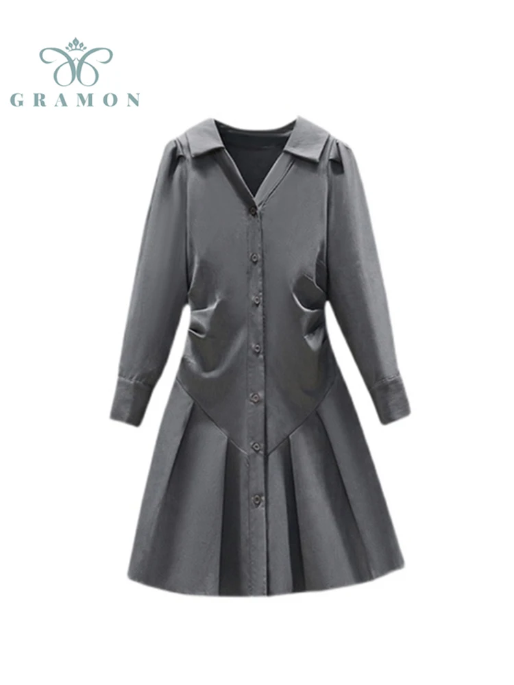 

2022 Spring Shirt Dress Ladies Korean Fashion Long Sleeve Solid V-neck Single Breasted Preppy Dress Plus Size Mujer Vestidos