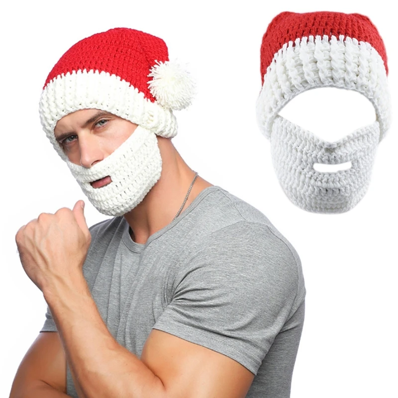 

Handmade Knitted Christmas Santa Claus Hat Beard Face Mask Set Crochet Beanie Cap Cosplay Halloween Funny Party Props
