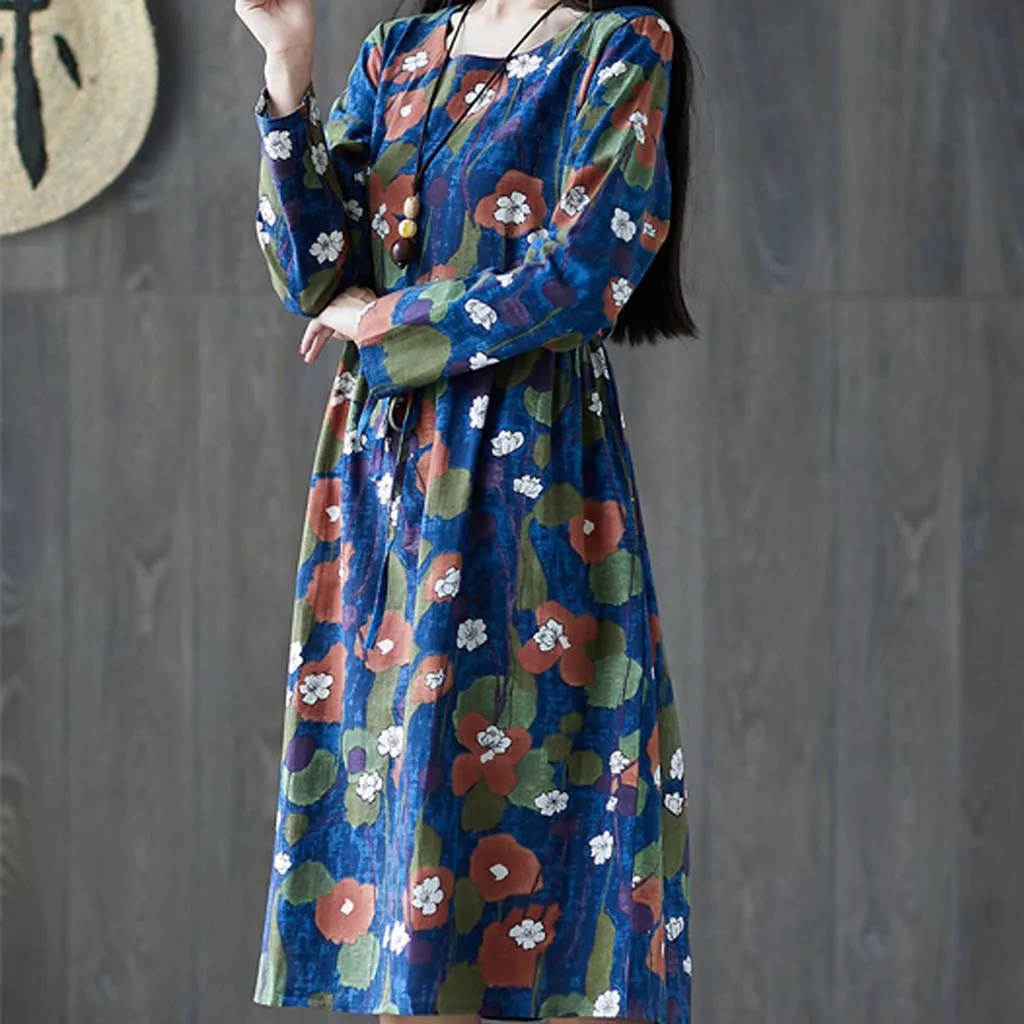 Осеннее платье женское богемное миди синее винтажное повседневное элегантное с