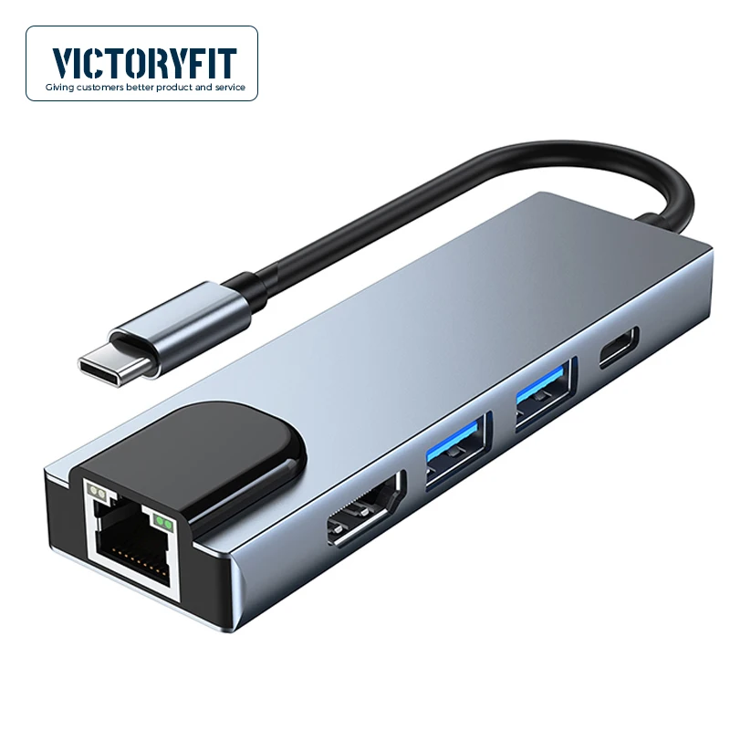 

5 IN 1 Aluminum Alloy Body, Type C to 4K HDMI-compatible, 100M RJ45, USB 3.0 2.0, PD, Laptop Splitter, USB C HUB for MacBook Pro