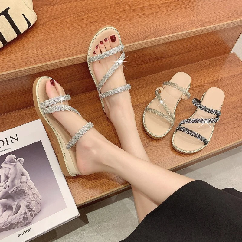 

Сандалии-гладиаторы женские на каблуке, босоножки со стразами, модные тапочки, шлепанцы, лето 2022