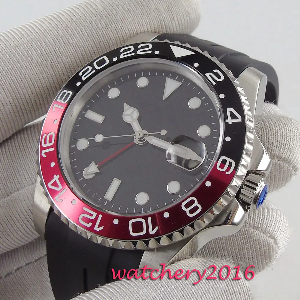 Мужские часы PARNIS 40 мм с черным стерильным циферблатом и сапфировым