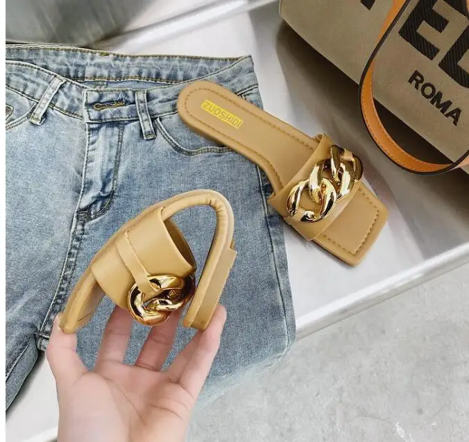 

Hot Sale Women Slippers Causal Ladies Square Toe Flat Slides Fashion Metal Decoration Open Toe Beach Zapatillas Mujer Casa