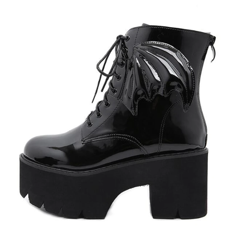 

Gothic Punk Style Women Angel Wing Ankle Boots Patent Leather Female Platform Boots High Heels Motorcycle Boots Big Size 42