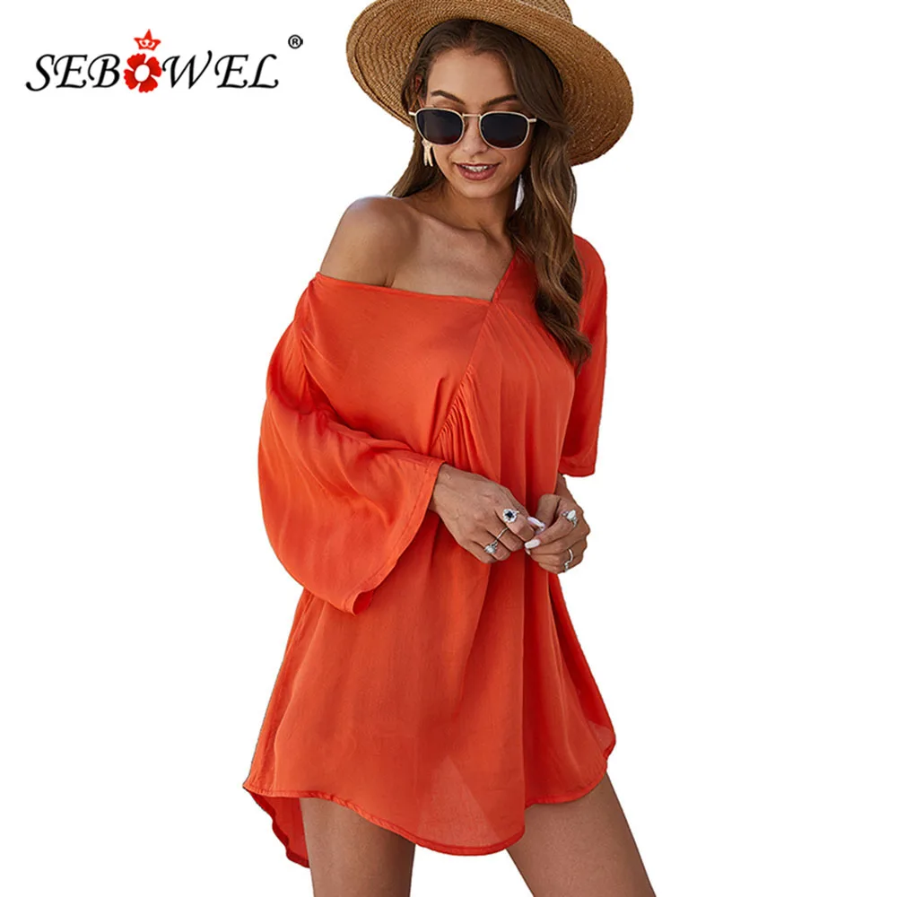 Женское пляжное платье с V-образным вырезом полурукавом и широким подолом |