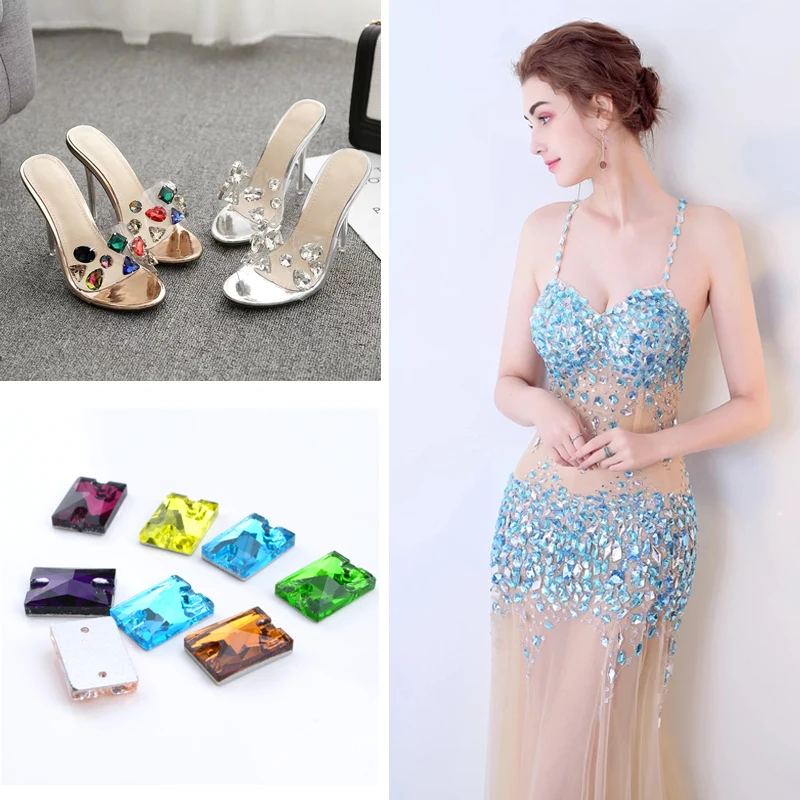 Стеклянные прямоугольные Стразы для шитья стразы разных размеров с двумя