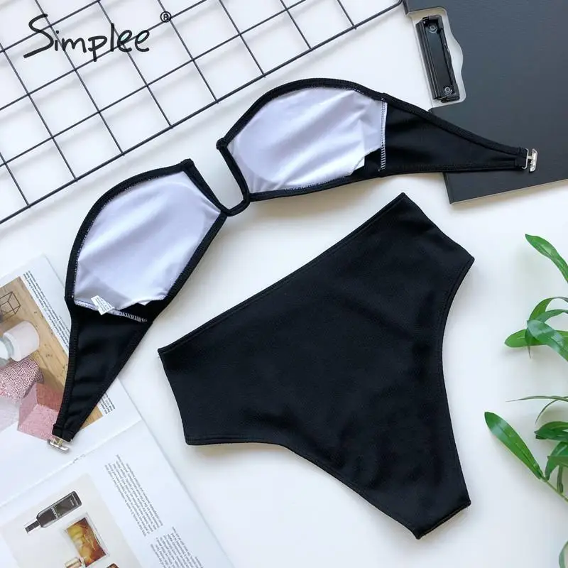 Simplee винтажный однотонный комплект бикини с высокой талией плиссированный