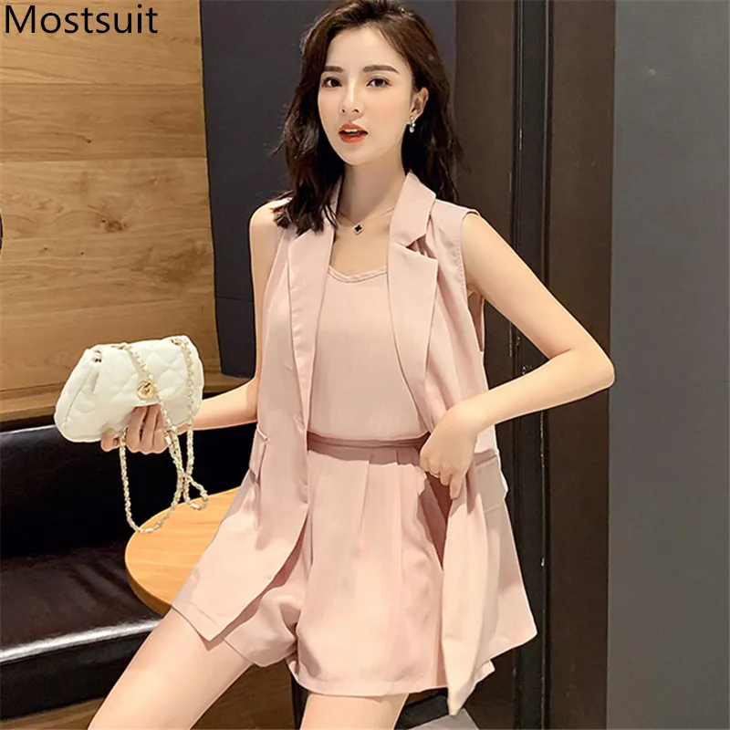 Женские костюмы из 3 предметов блейзер без рукавов + жилет шорты с эластичным