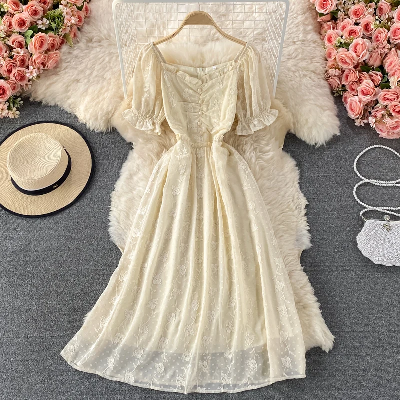 

French Retro Bellflower Skirt First Love Skirt 2021 Summer Dress Gentle Fairy Puff Sleeve Waist Slimming Square Collar Dress