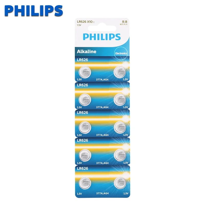 Philips 10 шт. AG4 LR626 377 кнопочные батареи SR626 177 щелочные батарейки для монет 1,55 в 626A 377A CX66W для часов