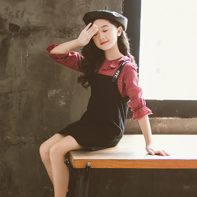 

Plaid 2pcs Clothes Suit Spring Summer Children Clothes Baby Girls Blouse + Dress Kids Teenagers Outwear High Quality