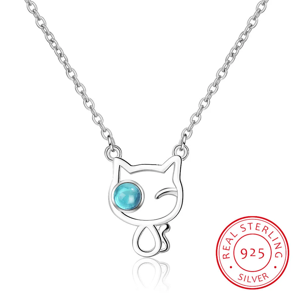 

925 стерлингового серебра полые кошка синий кристалл ожерелье для женщин моды цепи ювелирные украшения простые Ожерелья & Подвески вечерние ...