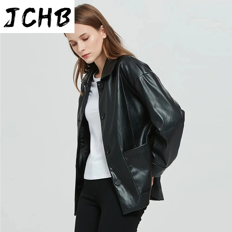 

JCHB Autumn Spring Pu Leather Coat For Women Long Sleeve Casual Pocket Coat Female Turn Down Collar Office Overcoat Lady Tops