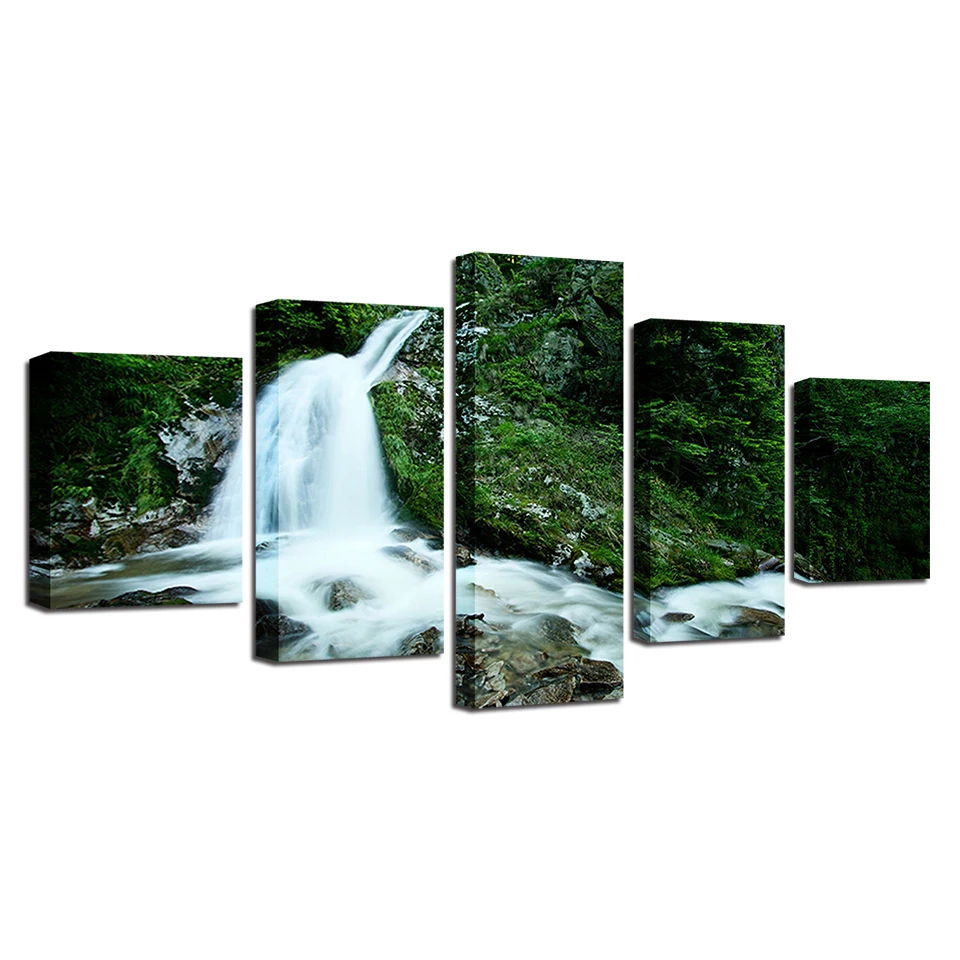 

Wall Art HD Printed Canvas Picture 5 Pieces Waterfall Green Mountain Natural Scenery Painting Decor Bedroom Modular Frame Poster