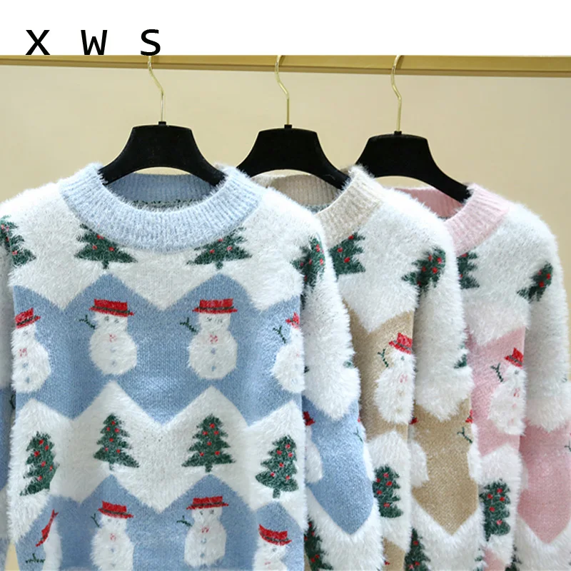 

Elegant Pullover Women Sweater O-Neck Reindeer Snowman Christmas Sweater Winter Female Lady Pull Femmii Knitwear Sweaters