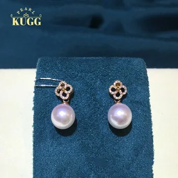 KUGG PEARL 18k Rose Gold Earrings Natural Akoya White Pearl Earrings Diamond Handmade Jewelry Clover Design for Women