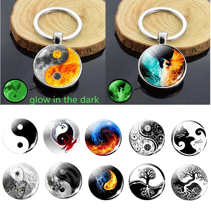 Брелок Tai Chi Yin Yang черный и белый Taoism Древо жизни лед огонь феникс двойное лицо