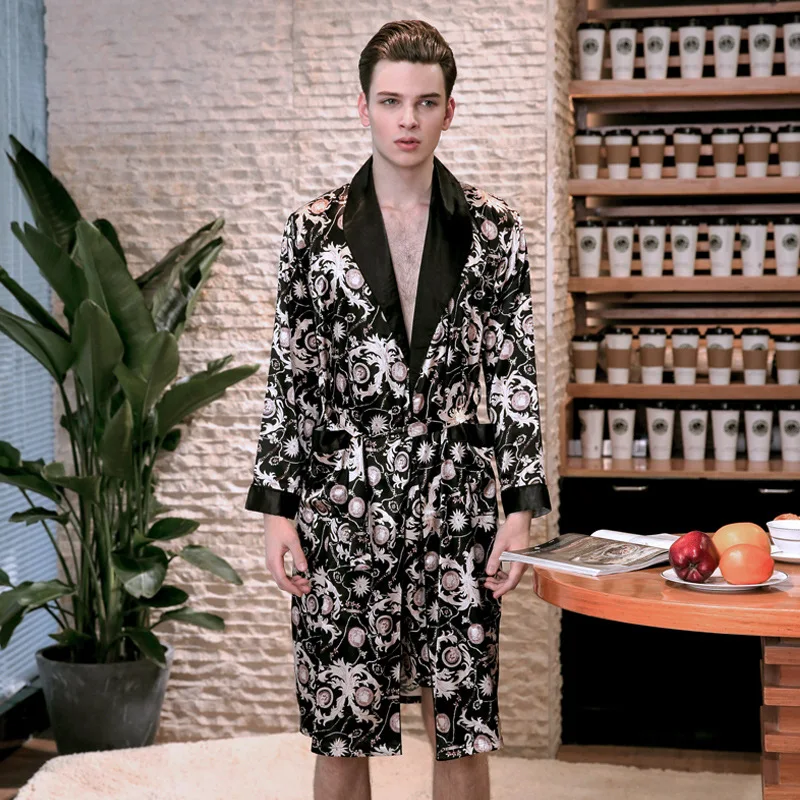 Мужские шелковые пижамные халаты летние однотонные мужской весенний Кардиган с