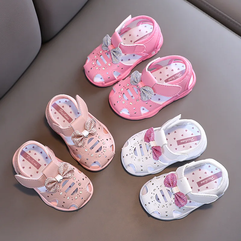

Girls Shoes Princess Calling Shoes with Shiny Summer Toddler Kids Toes-covered Solid Bow Hook & Loop Cute PU Baby Newborn Hot