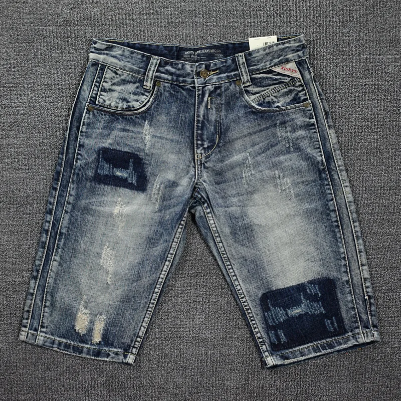 Italian Style Fashion Men Jeans Retro Gray Blue Designer Washed Ripped Cotton Denim Shorts Hombre Summer Hip Hop Short Jeans Men