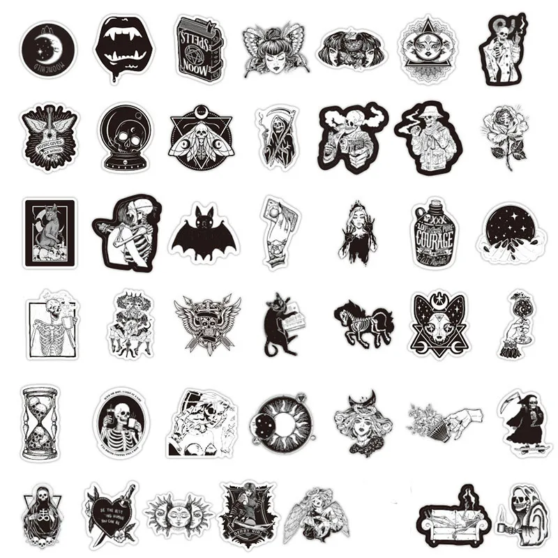 Pegatinas de grafiti estilo g&oacute;tico para chica y calavera, color blanco y negro, para port&aacute;til, equipaje de tel&eacute;fono para motocicleta, monopat&iacute;n, 10/30/50 Uds.-3