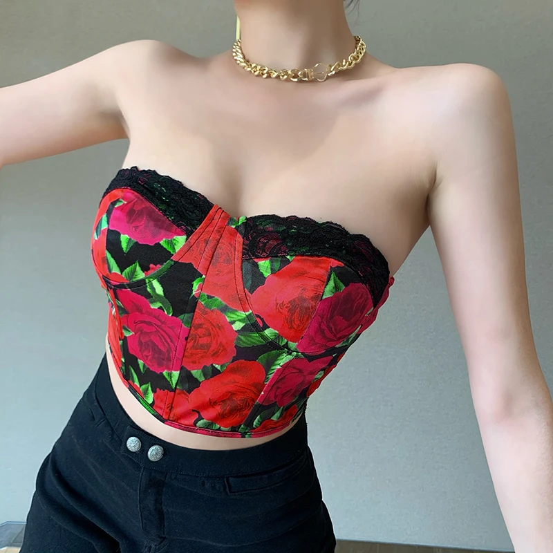 

women's Tank Tops Rose Print Lace Panel bra fashion print slim sexy vest navel top sleeveless sling bottomed vest