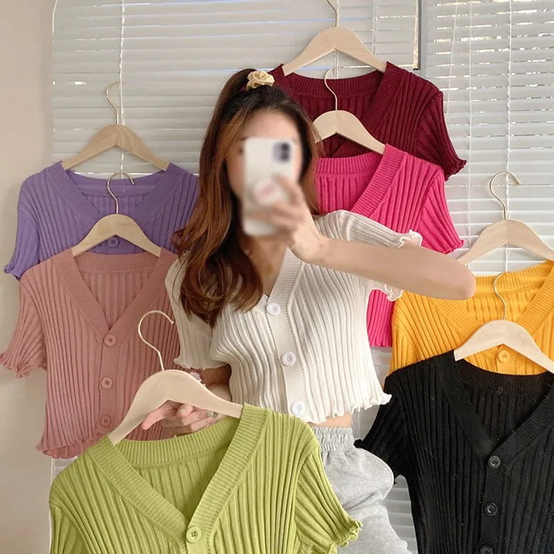 

Women's Summer T-shirt Fashion Summer Sexy Top V-neck Button Short Section Exposed Navel Knitted Short Sleeved Cardigan