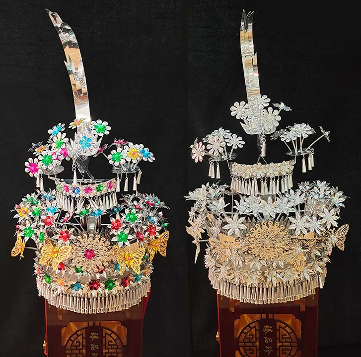 Hmong головной убор ручной работы Miao для сцены цвет СЕРЕБРЯНЫЙ блестки шапка в