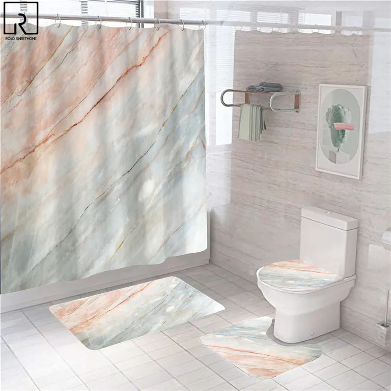 pink marble shower curtains shiny decor for bathroom polyester fabric decorative bath screen toilet cover carpet wc accessories free global shipping