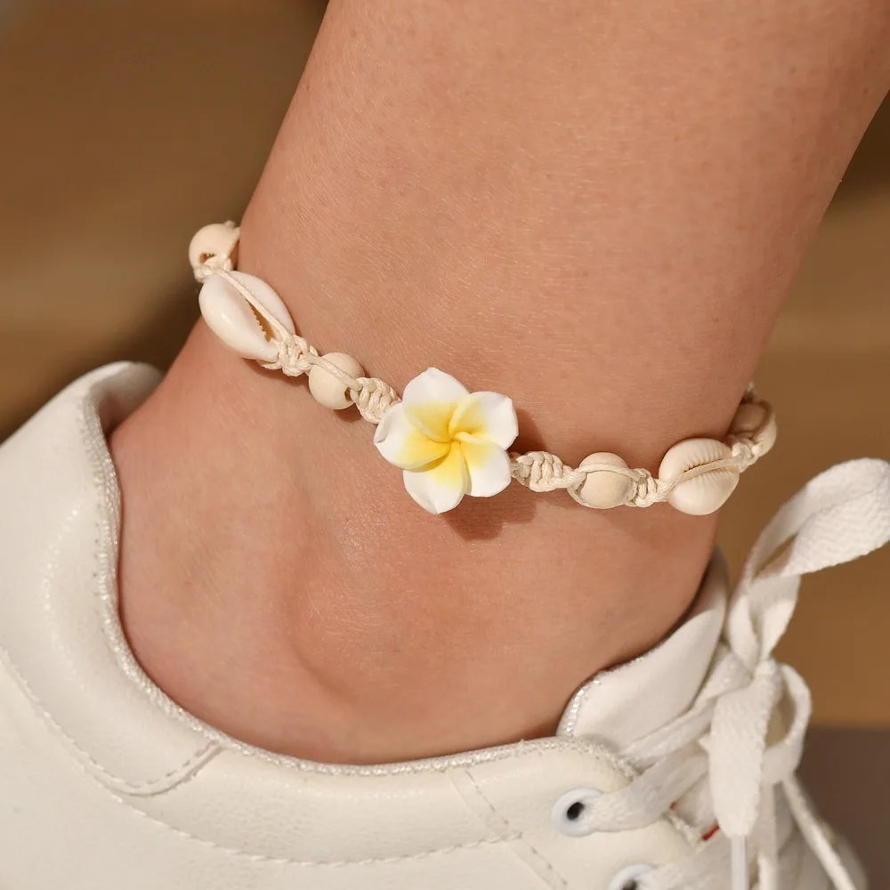 

2021 Bohemian Anklet Beach Anklet Hand-woven Wooden Beads Soft Ceramic Red Flowers Sea Shell Anklet Bracelet Women Jewelry