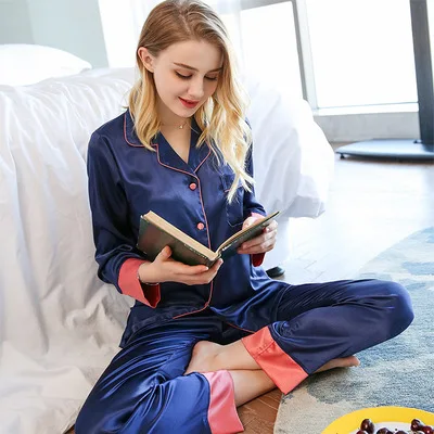 Женские атласные шелковые пижамы с длинным рукавом комплект ночного белья для