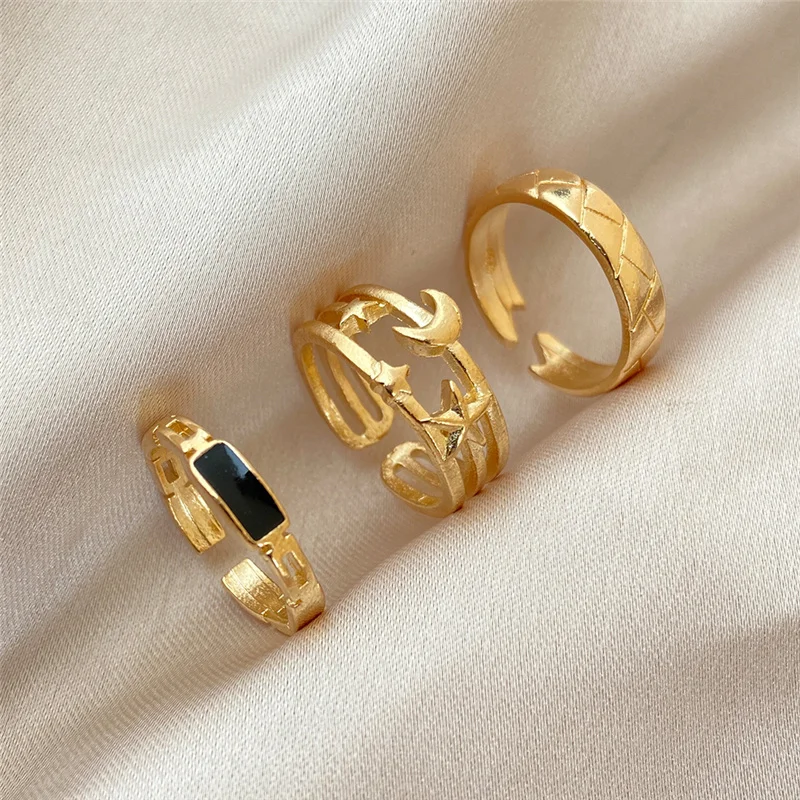 Vintage Star Moon Hollow Gold Sliver Color Rings Set Double Layer Rings For Women Wholesale Geometric Obsidian Ring Jewelry
