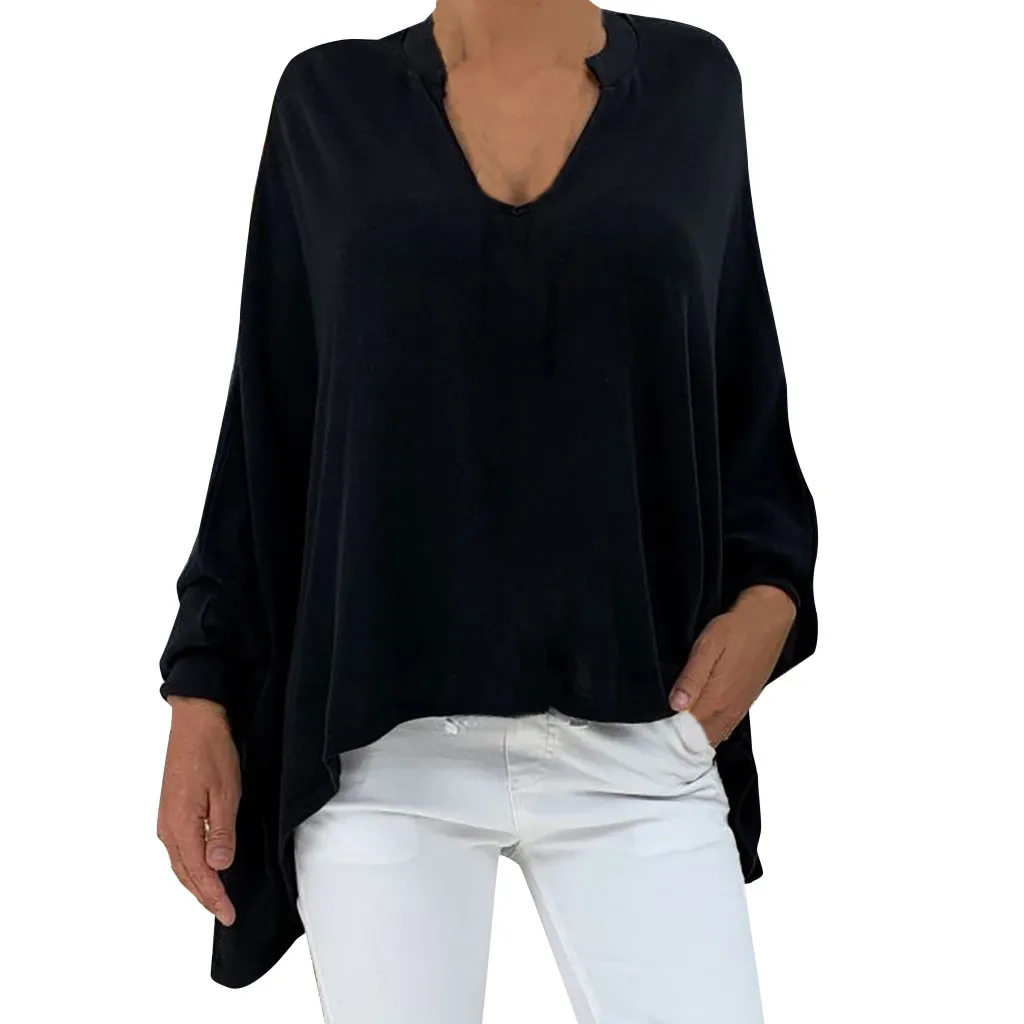feitong Blouse Female Clothing Women's Loose Plus Size Solid Long Sleeve V-neck Pullover Blouse Tops Shirt Plus Size 5XL