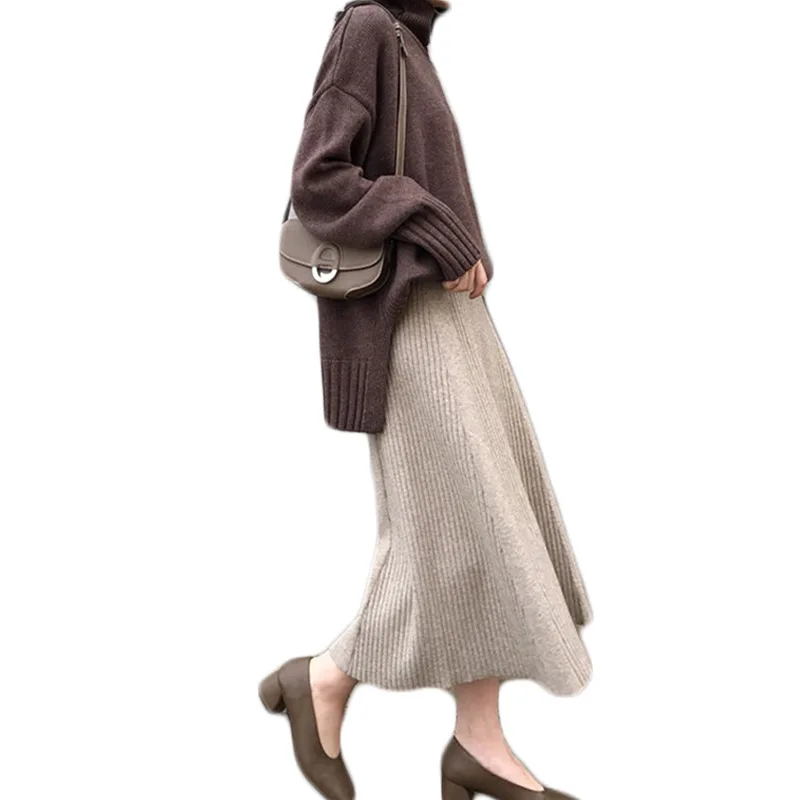

Elegant Solid High Waist Winter Knitted Skirts Autumn Casual Female A-line Loose Sweater Midi Skirts for Women New vs490