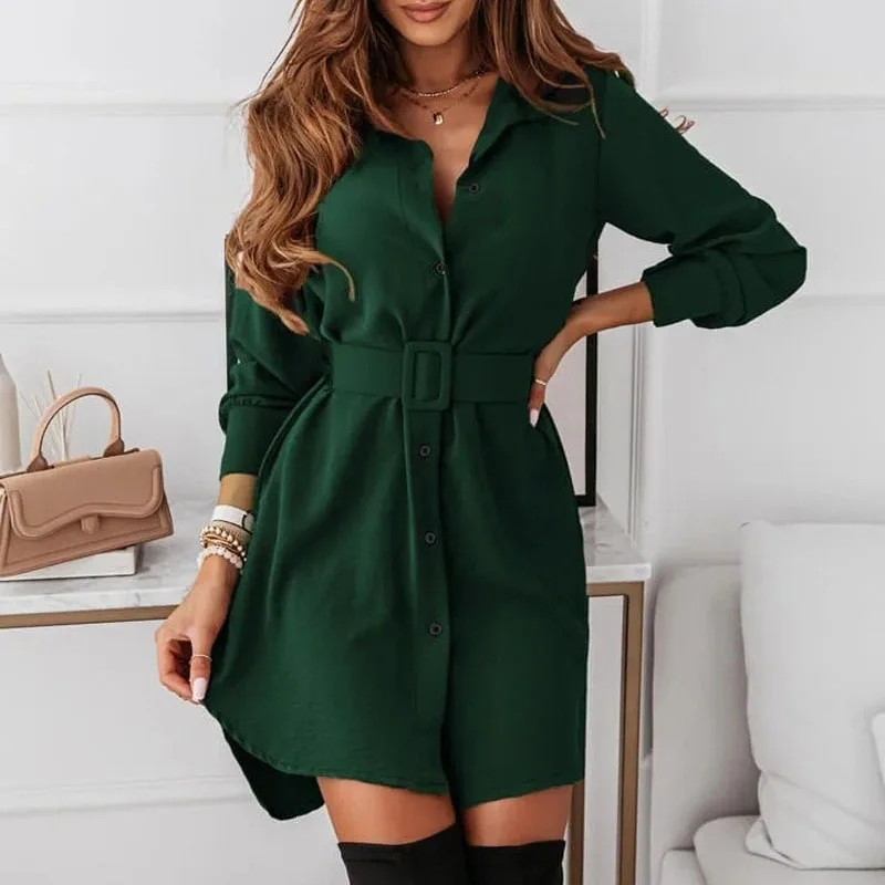 

Sashes Casual Shirt Dress Woman Solid Long Sleeve Women's Dress Autumn Mini Turn-down Collar Button Dresses for Women 2021 Robe
