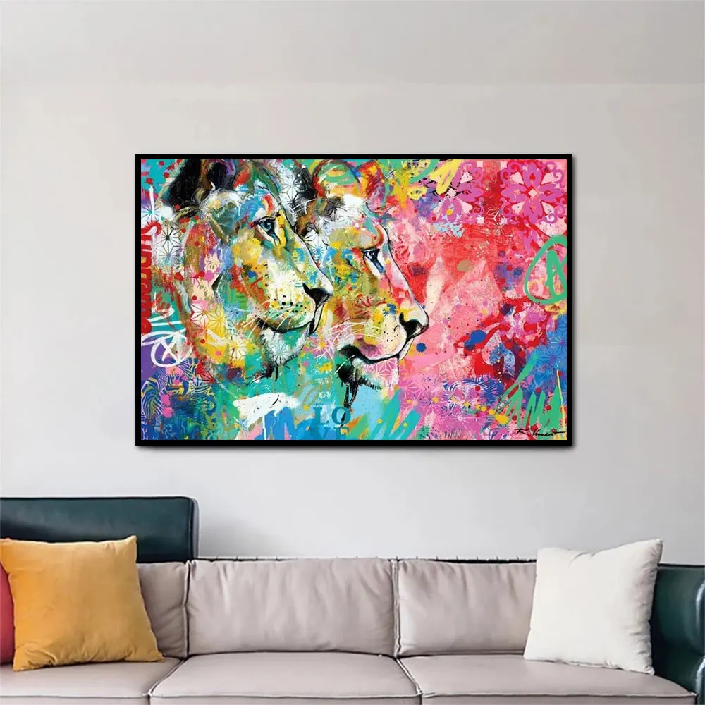 

Graffiti Colorful Animals Lions Oil Canvas Paintings Famous Street Poster and Print Wall Art Picture for Living Room Home Decor