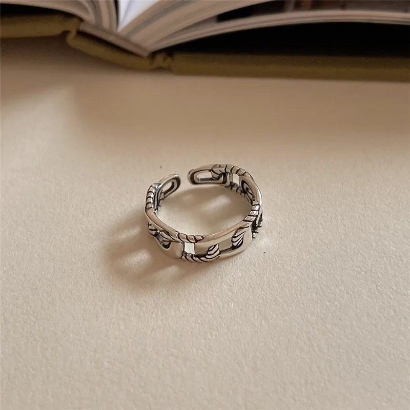 

Simple Antique 925 Sterling Silver Oval Chain Open Ring for Women Metal Geometric Open Joint Rings Party Jewelry