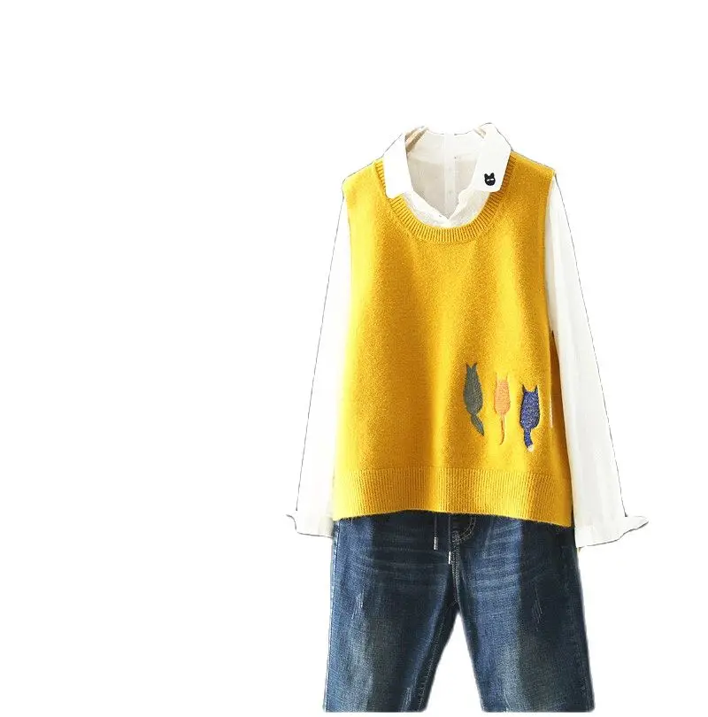 

2020 New Fashion Autumn Winter Korean Style O Neck Knitted Vest Sleeveless Sweater Women Pullovers Plus Size Casual Sweater Vest