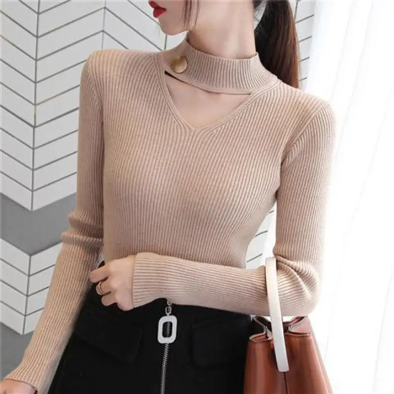 

Pullovers Women Autumn V-neck Hollow Out Round-sequined Sexy Spring Winter New Slim Warm Lady Sweater Elegant Preppy-style Chic