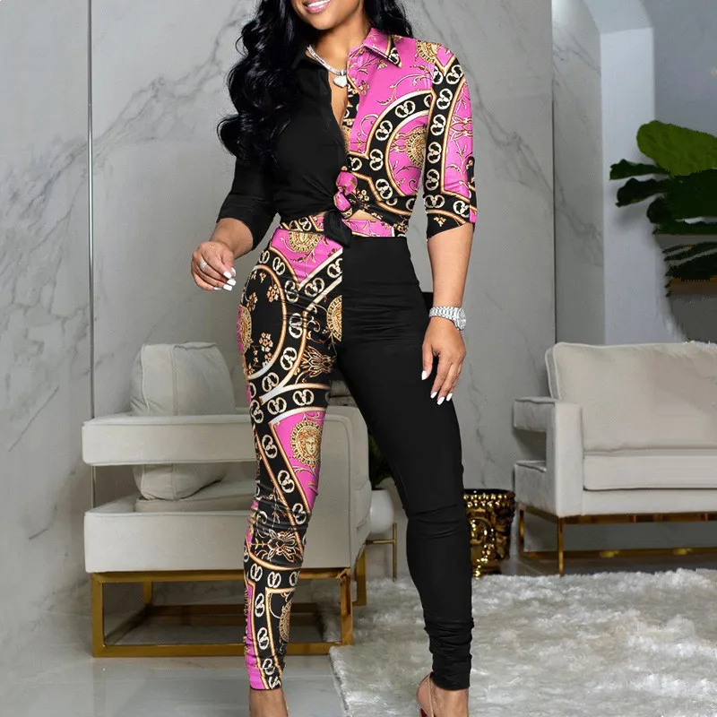 

Autumn Women 2 Pieces Vintage Print Patchwork Shirt & Skinny Pants Set 2021 Femme Casual Suit Set