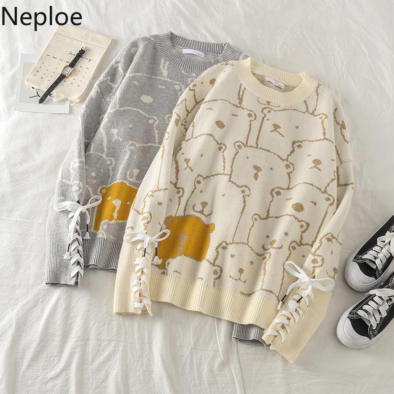 Neploe Pull Femme вязаный свитер с вышитым медведем из мультфильма осенне-зимние толстые теплые жаккардовые Джемперы вязаные пуловеры 56201