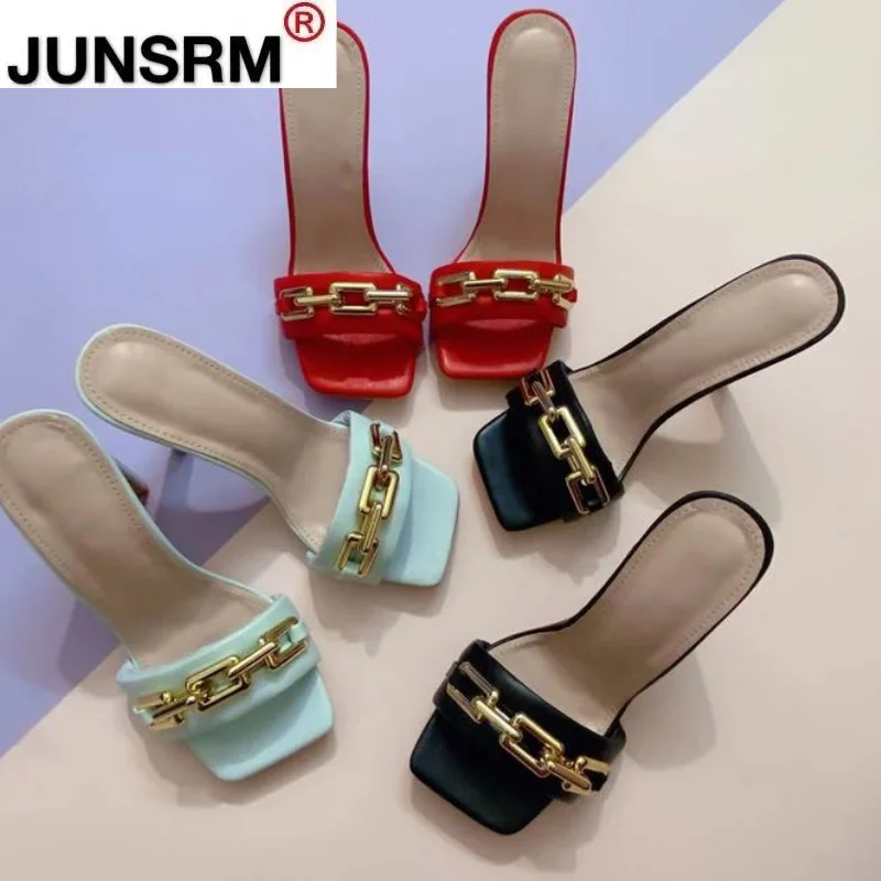 

2021 Summer Elegant Women's Slippers Fashion New Metal Chain Decoration High Heels Women's Slippers Square Toe Women's Shoes