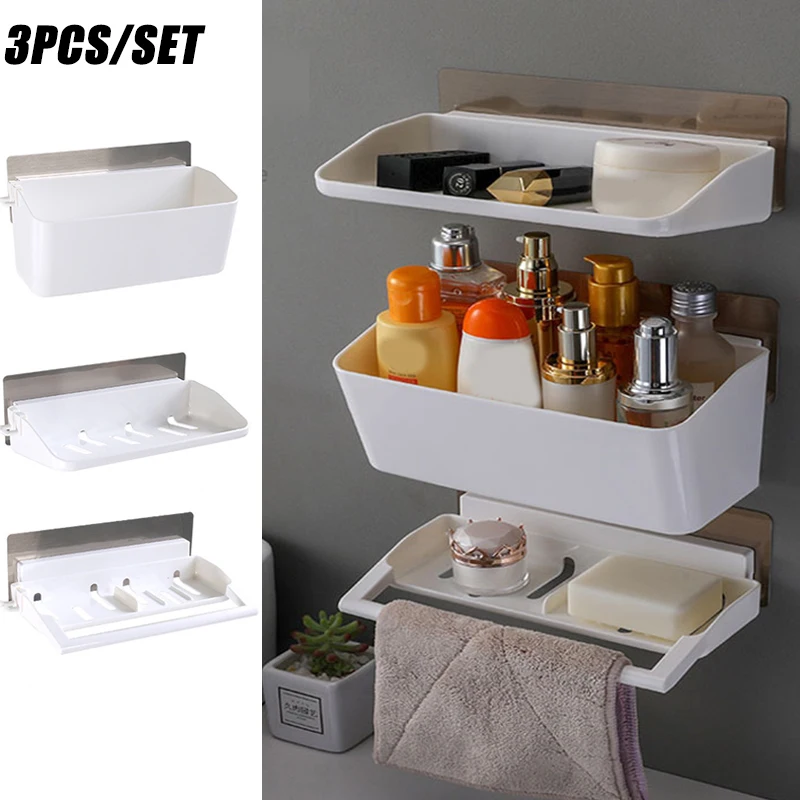 

3Pcs/Set Self-adhesive Plastic Bathroom Soap Drain Rack Kitchen Toilet Cosmetics Storage Shelf