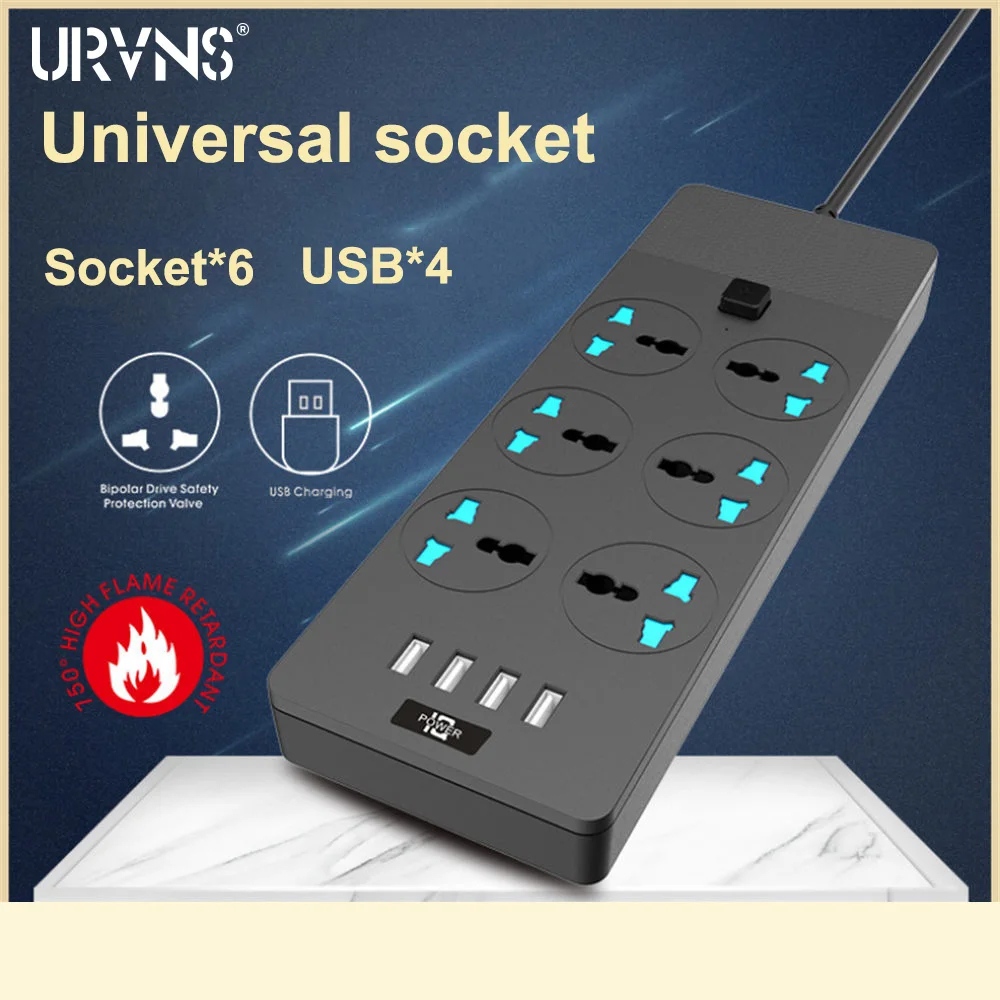 Удлинитель-удлинитель URVNS с защитой от скачков напряжения 6 выходами 4 USB-портами