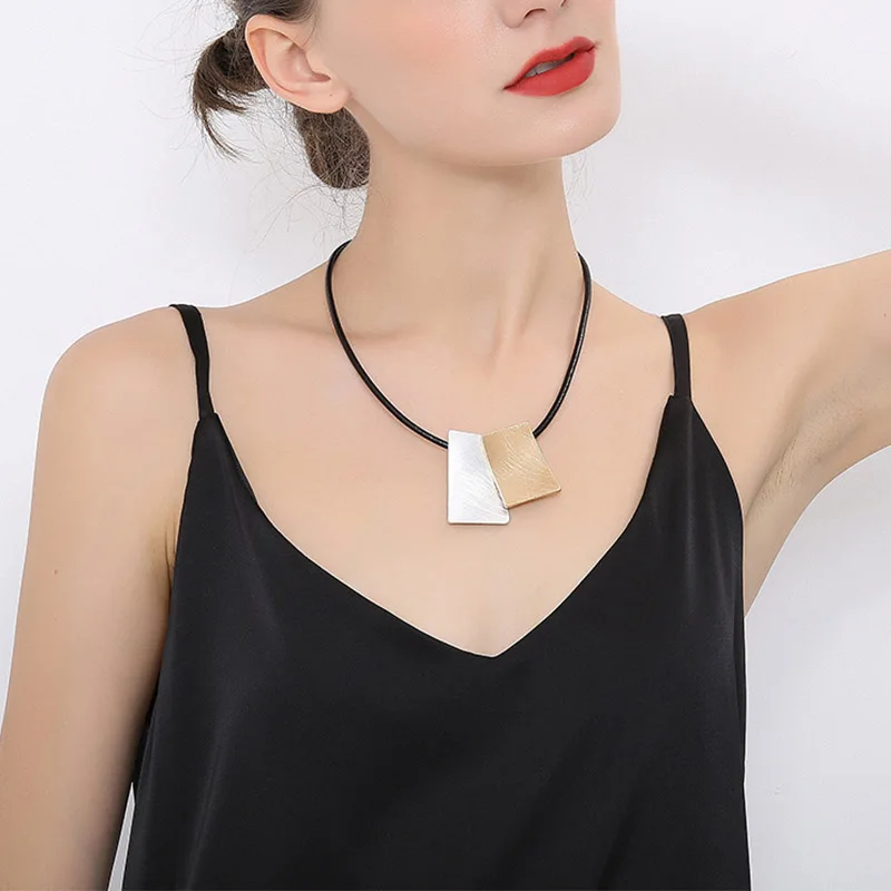 

Amorcome Women Short Leather Choker Collar New Gold Silver Color Square Pendant Adjustable Black Rope Cord Necklace Gift Jewelry