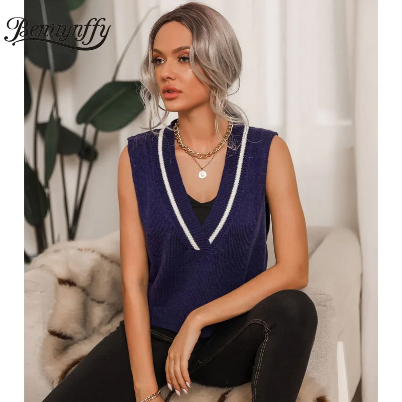 

Benuynffy V-neck Contrast Trim Knitted Sweater Vest Women 2021 Spring Autumn Vintage Sleeveless Pullover Female Waistcoat