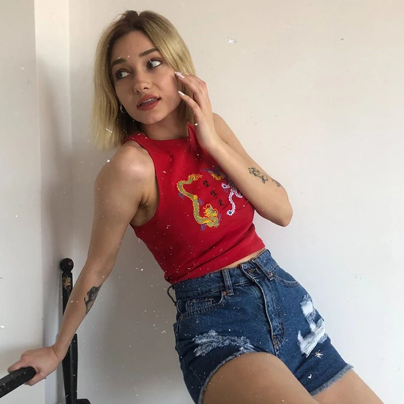 Кроп-топ Artsu женский с вышивкой дракона повседневный топ без рукавов уличная