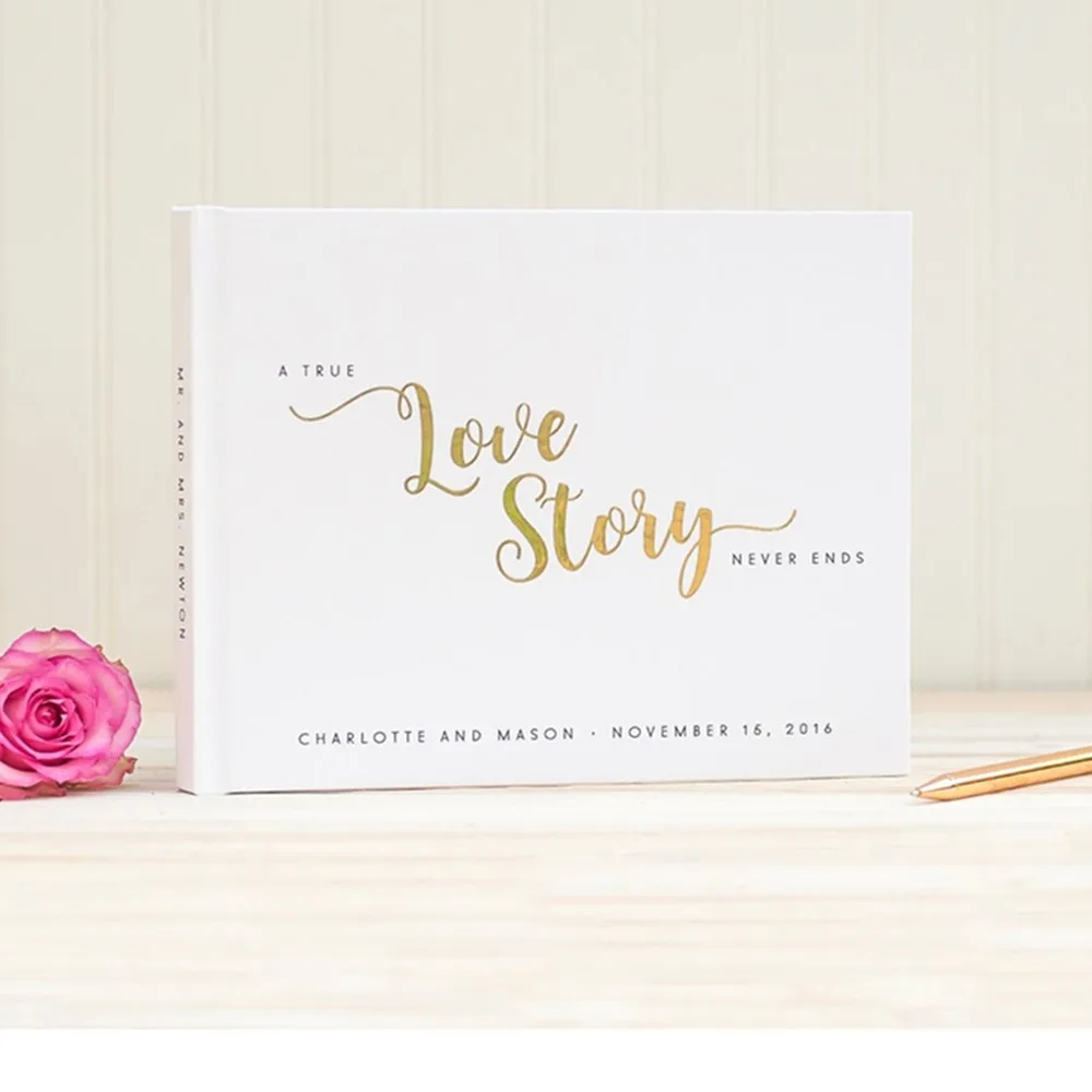 

personalized Wedding Guest Book horizontal Mr and Mrs names and date guestbook custom Gold Foil Engagement Keepsake Book