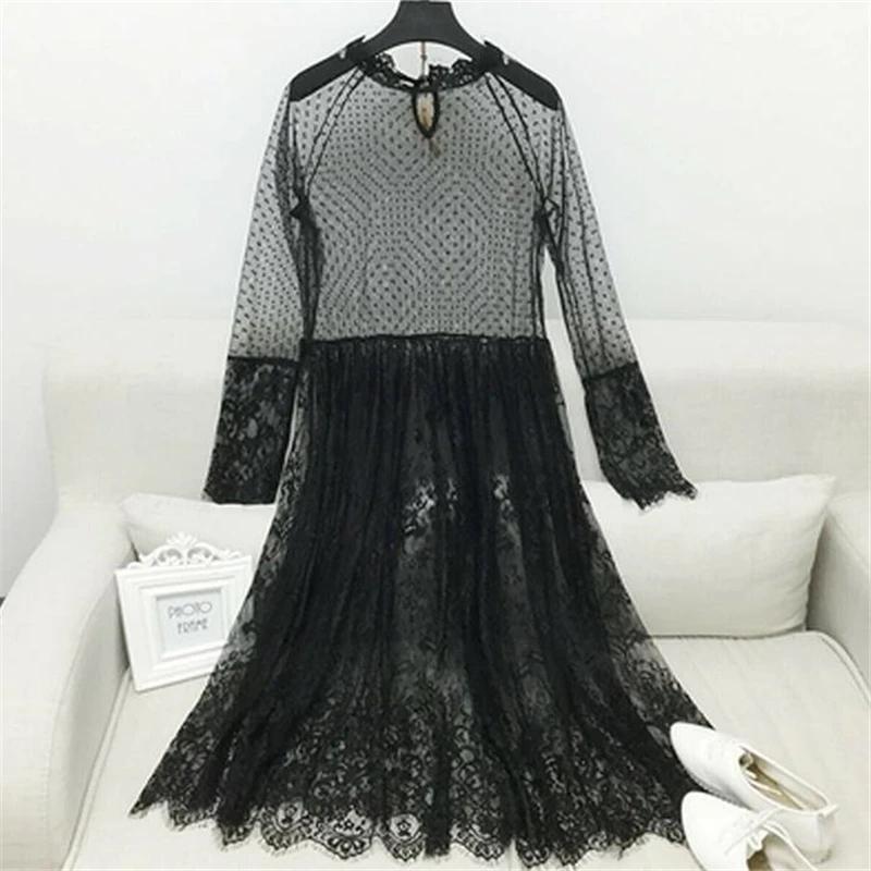 

Sexy Women Dresses Mesh Lace Long Sleeve Dress Perspective See Through Party Dress Female Clothing Autumn Casual Ladies Dresses